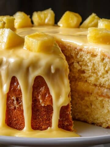 Moist and dense pineapple juice cake fully coated in thick glossy glaze, with a juicy pineapple-infused crumb and a rich glaze pooling inside the sliced section, topped with chunky fresh pineapple pieces for a vibrant homemade finish.