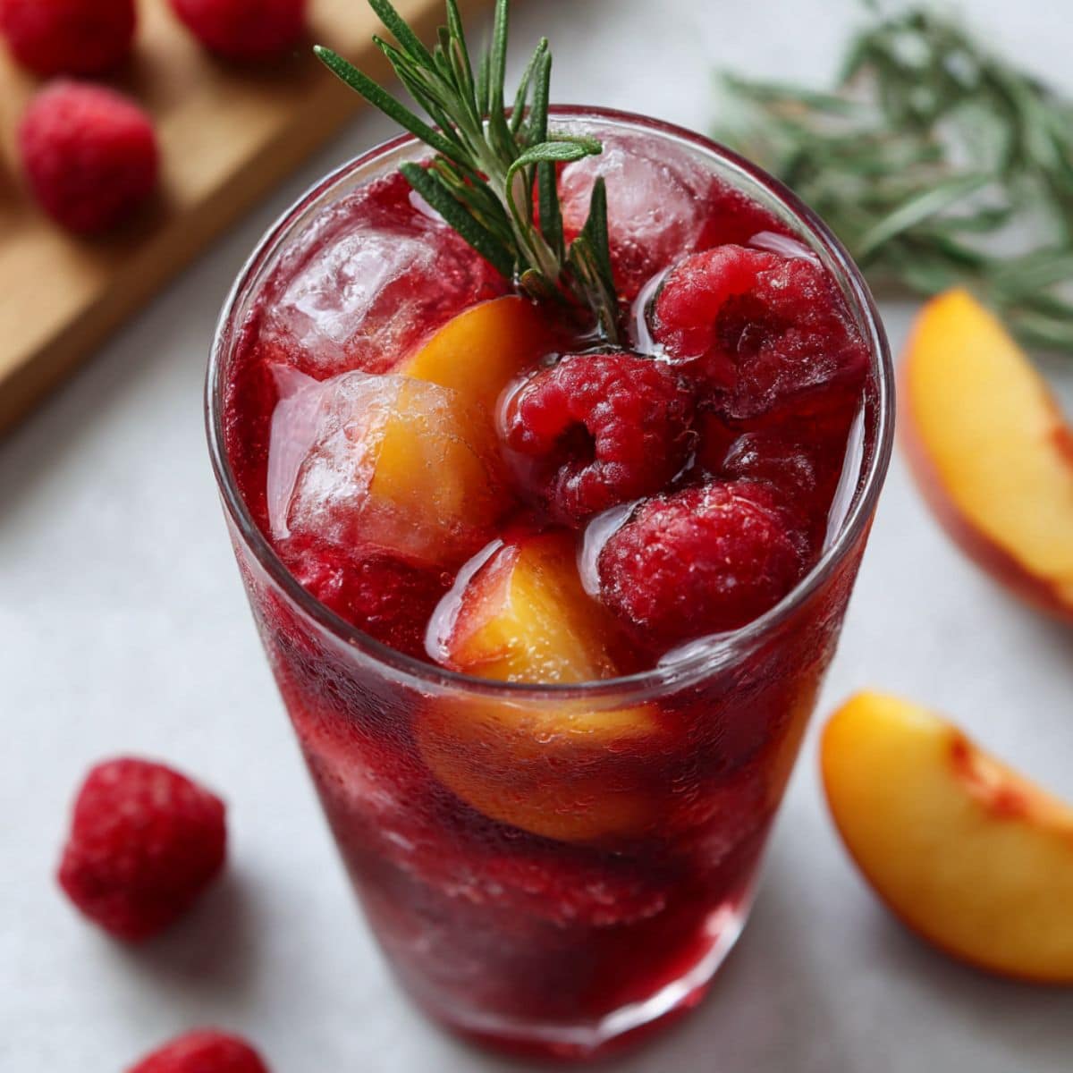 Deep red raspberry iced tea with fresh peach slices, raspberries and rosemary garnish in tall glasses on white kitchen counter.