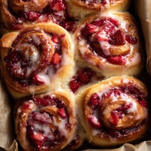 Homemade strawberry cinnamon rolls with glossy icing and fresh strawberry filling, close-up view of soft, fluffy dough swirled with jam and topped with a creamy glaze.