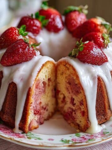Close-up of a moist homemade strawberry pound cake with one slice missing, revealing the soft pink crumb filled with fresh strawberry bits.