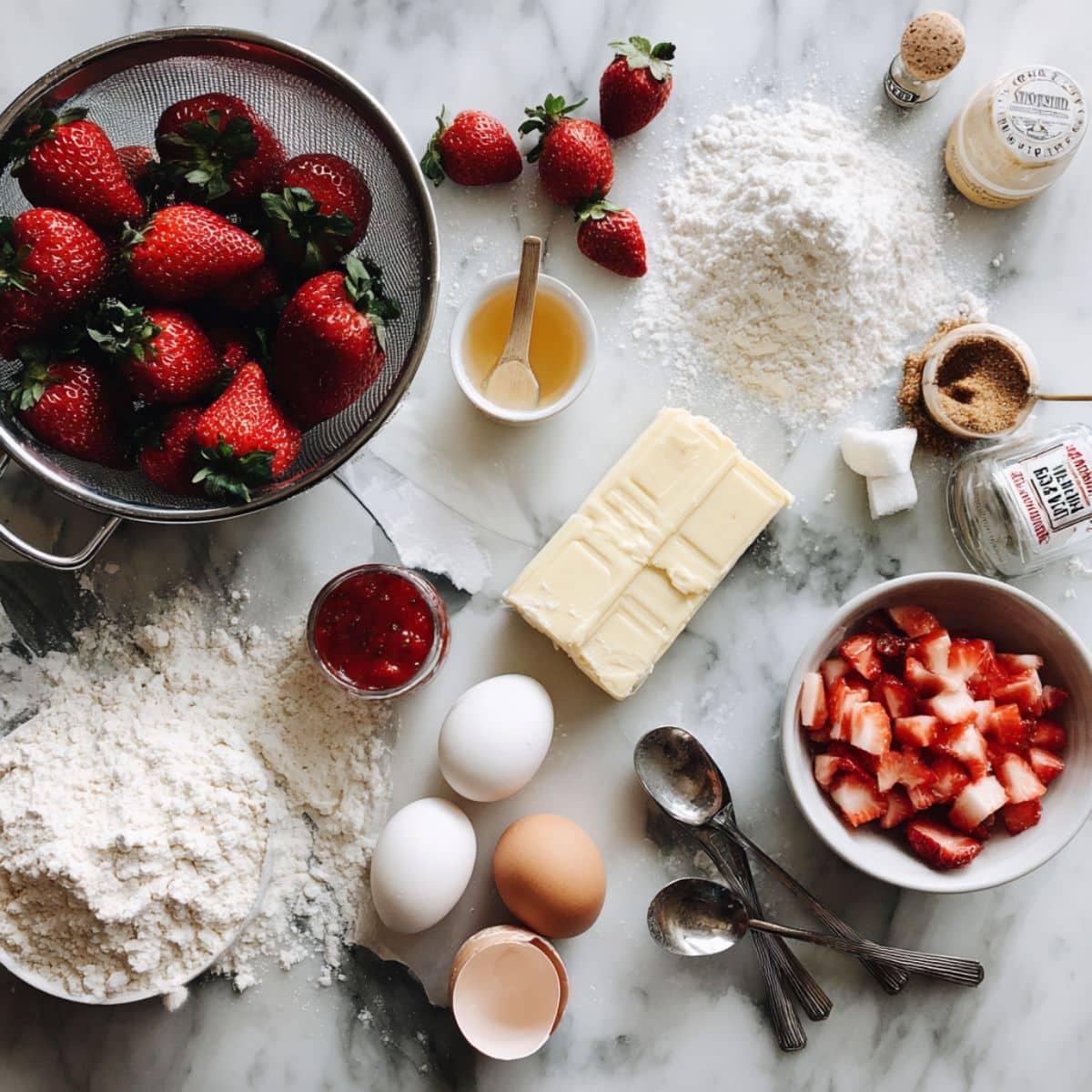 Fresh strawberries, butter, brown sugar, and baking ingredients for homemade strawberry pound cake on kitchen counter.