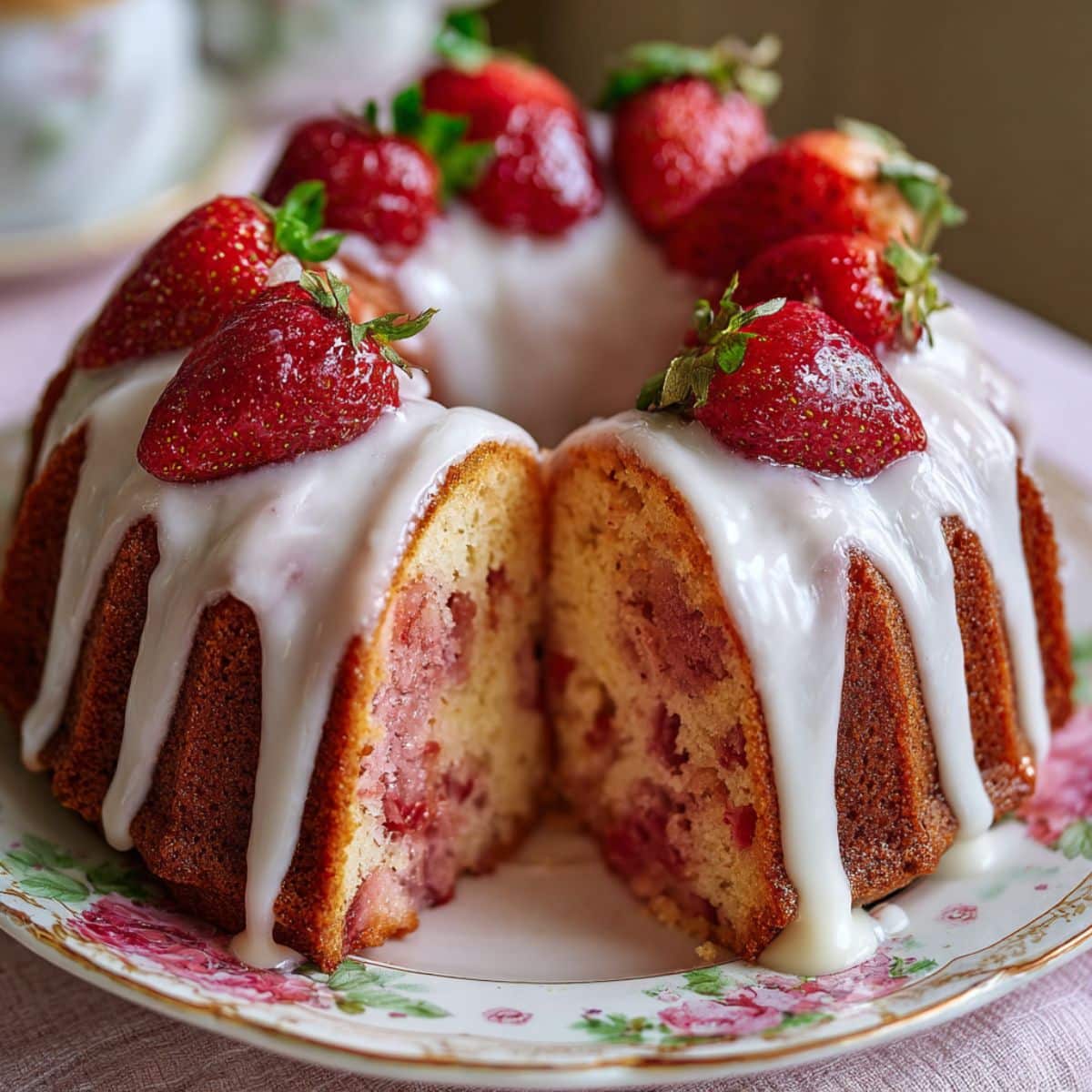 Close-up of a moist homemade strawberry pound cake with one slice missing, revealing the soft pink crumb filled with fresh strawberry bits.