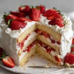 Layered strawberry shortcake cake with vanilla layers, fresh strawberries, and whipped cream frosting on white kitchen counter.