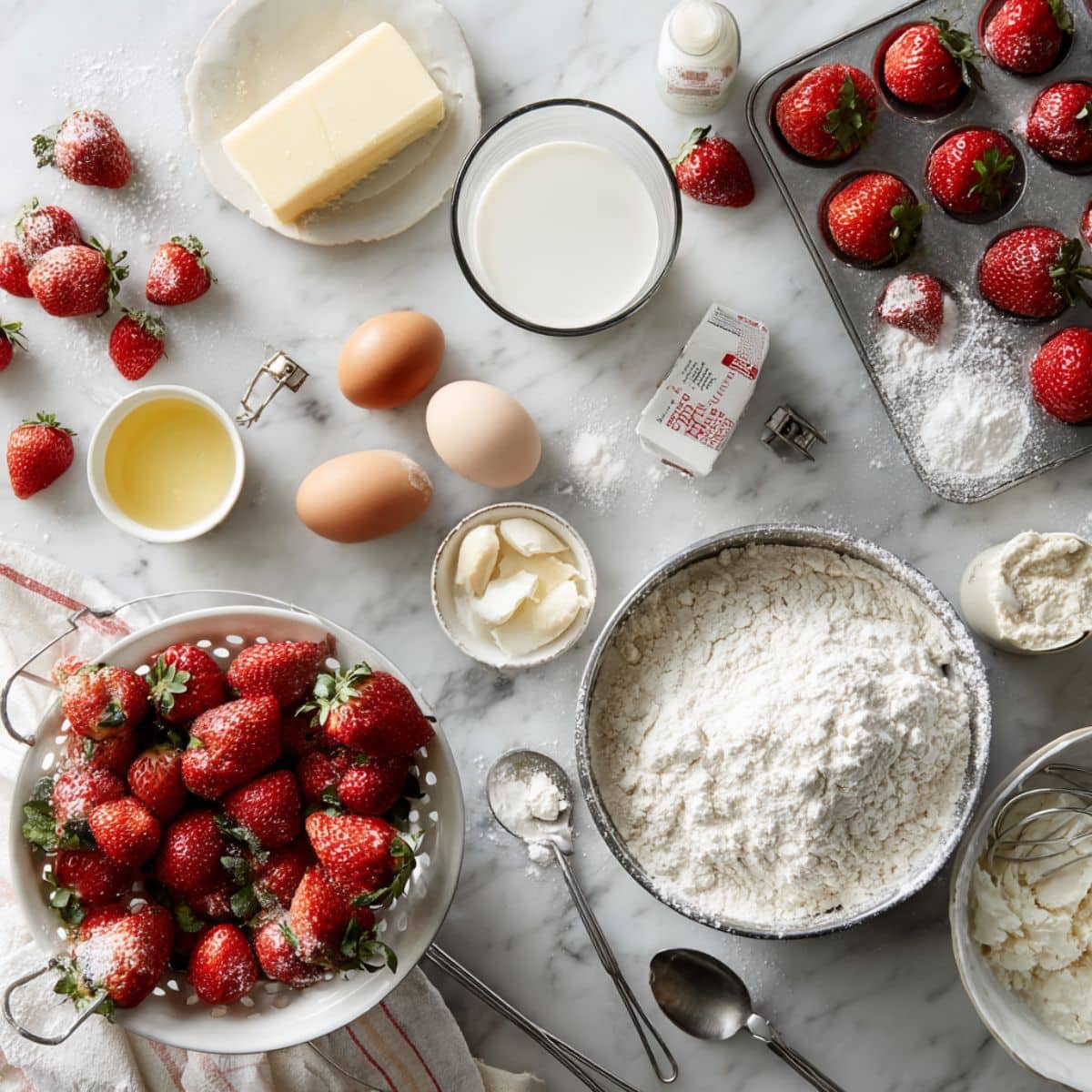Fresh strawberries, flour, eggs, and baking ingredients for homemade strawberry shortcake cake spread on kitchen counter.