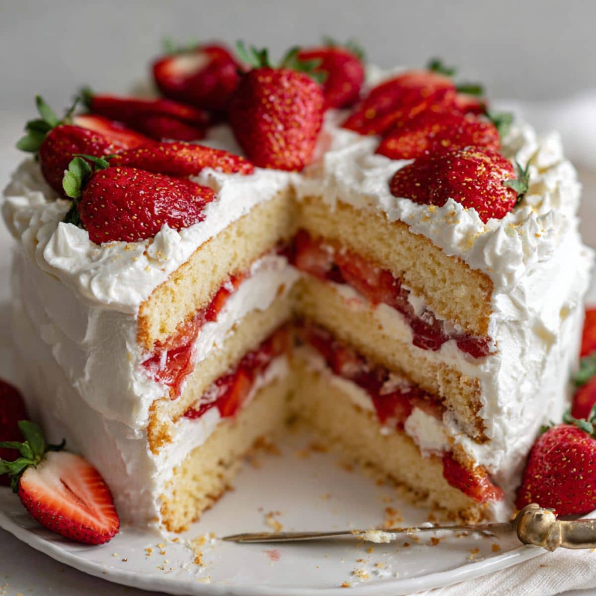 Layered strawberry shortcake cake with vanilla layers, fresh strawberries, and whipped cream frosting on white kitchen counter.