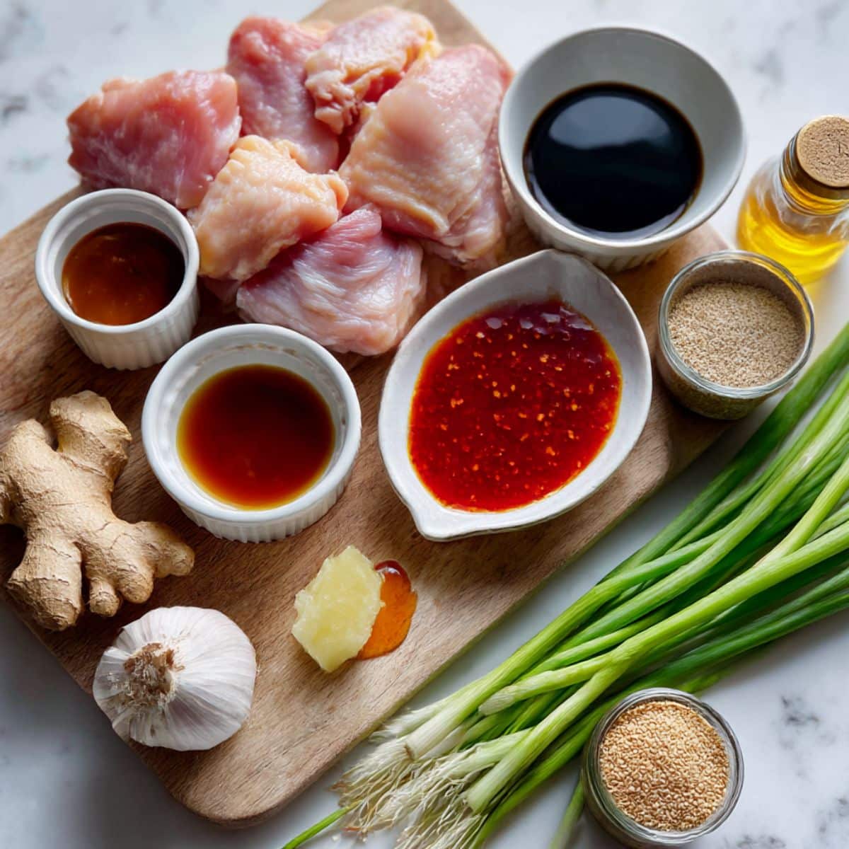 Sweet chili chicken ingredients including chicken thighs, Thai sweet chili sauce, fresh ginger, garlic and Asian seasonings on counter.
