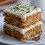 Moist carrot zucchini cake with cream cheese frosting, homemade layered cake with fresh shredded carrots, zucchini, and creamy frosting topping.