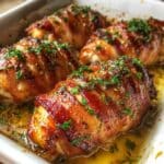 Crispy bacon wrapped chicken baked in white dish with parsley garnish. Juicy chicken with golden bacon glaze in homemade style.