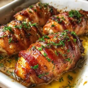 Crispy bacon wrapped chicken baked in white dish with parsley garnish. Juicy chicken with golden bacon glaze in homemade style.