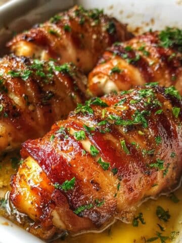 Crispy bacon wrapped chicken baked in white dish with parsley garnish. Juicy chicken with golden bacon glaze in homemade style.