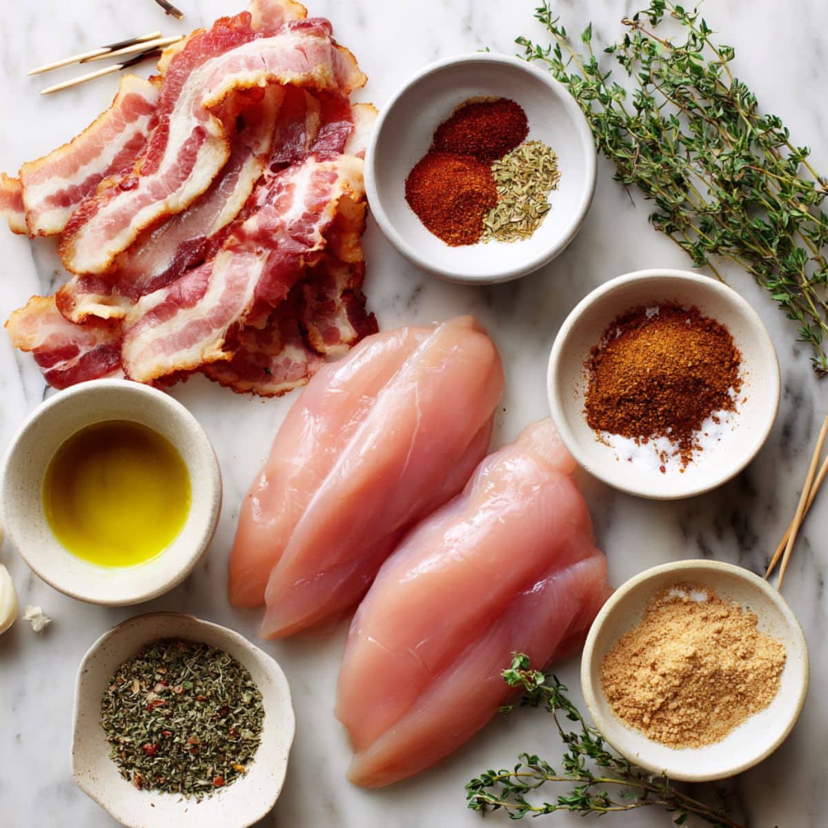 Overhead photo of bacon wrapped chicken recipe ingredients including chicken breasts, bacon, spices, and thyme on white counter.