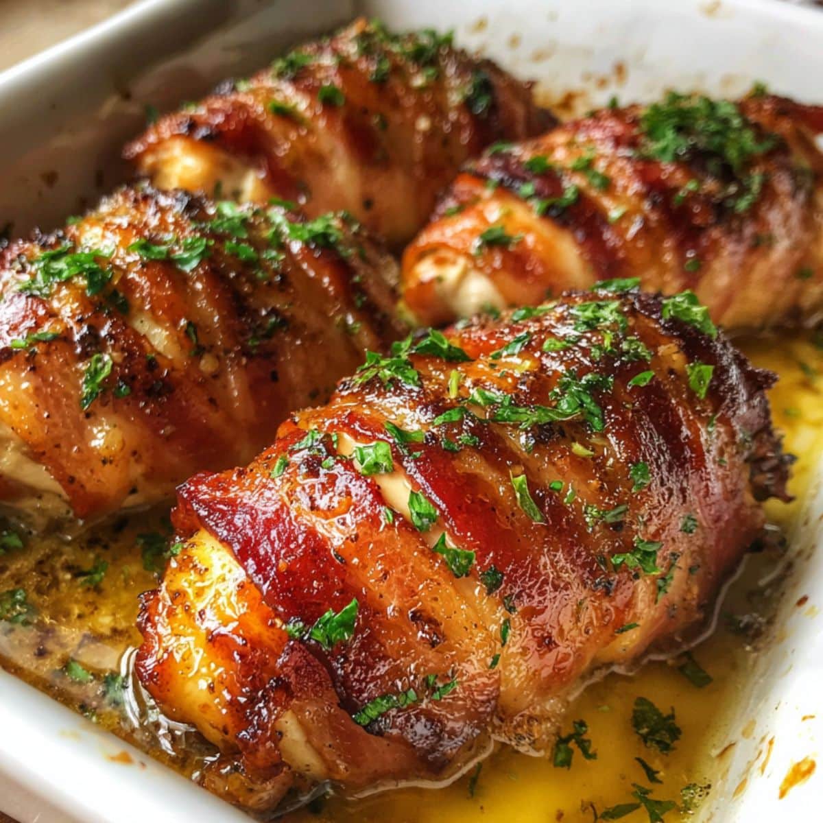Crispy bacon wrapped chicken baked in white dish with parsley garnish. Juicy chicken with golden bacon glaze in homemade style.
