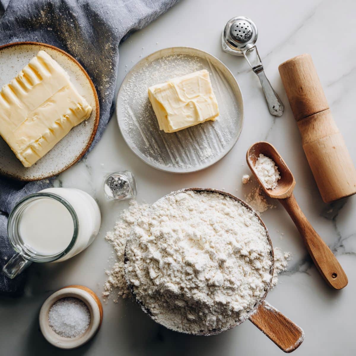 Butter swim biscuits ingredients including self-rising flour, cold buttermilk, salted butter stick, sugar and salt on kitchen counter.