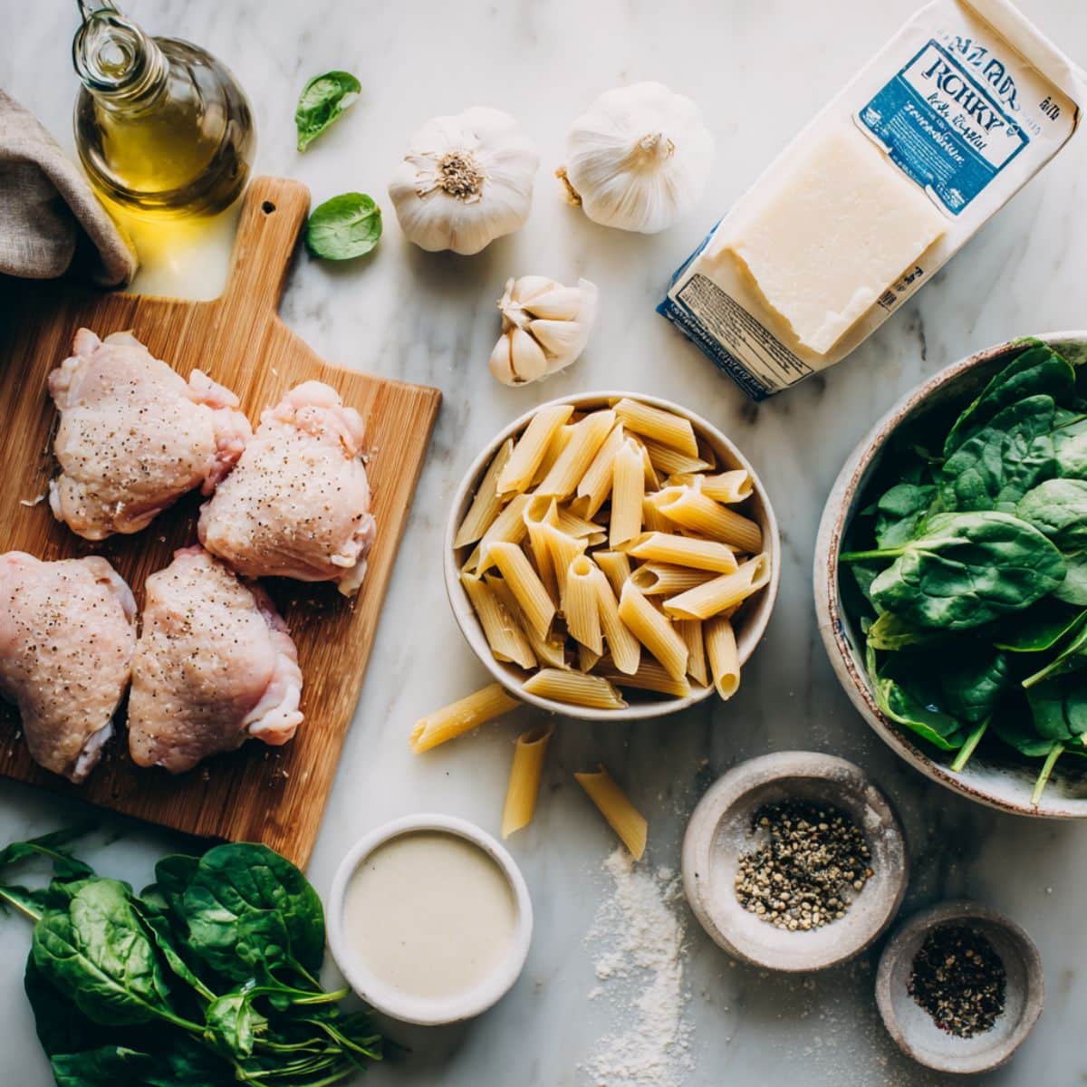 Garlic parmesan chicken pasta ingredients including raw chicken thighs, penne pasta, fresh spinach, parmesan cheese and cream on counter.