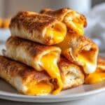 Golden brown grilled cheese roll-ups stacked on a white plate, made with crispy toasted bread and gooey melted American cheese oozing out of the ends.