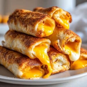 Golden brown grilled cheese roll-ups stacked on a white plate, made with crispy toasted bread and gooey melted American cheese oozing out of the ends.
