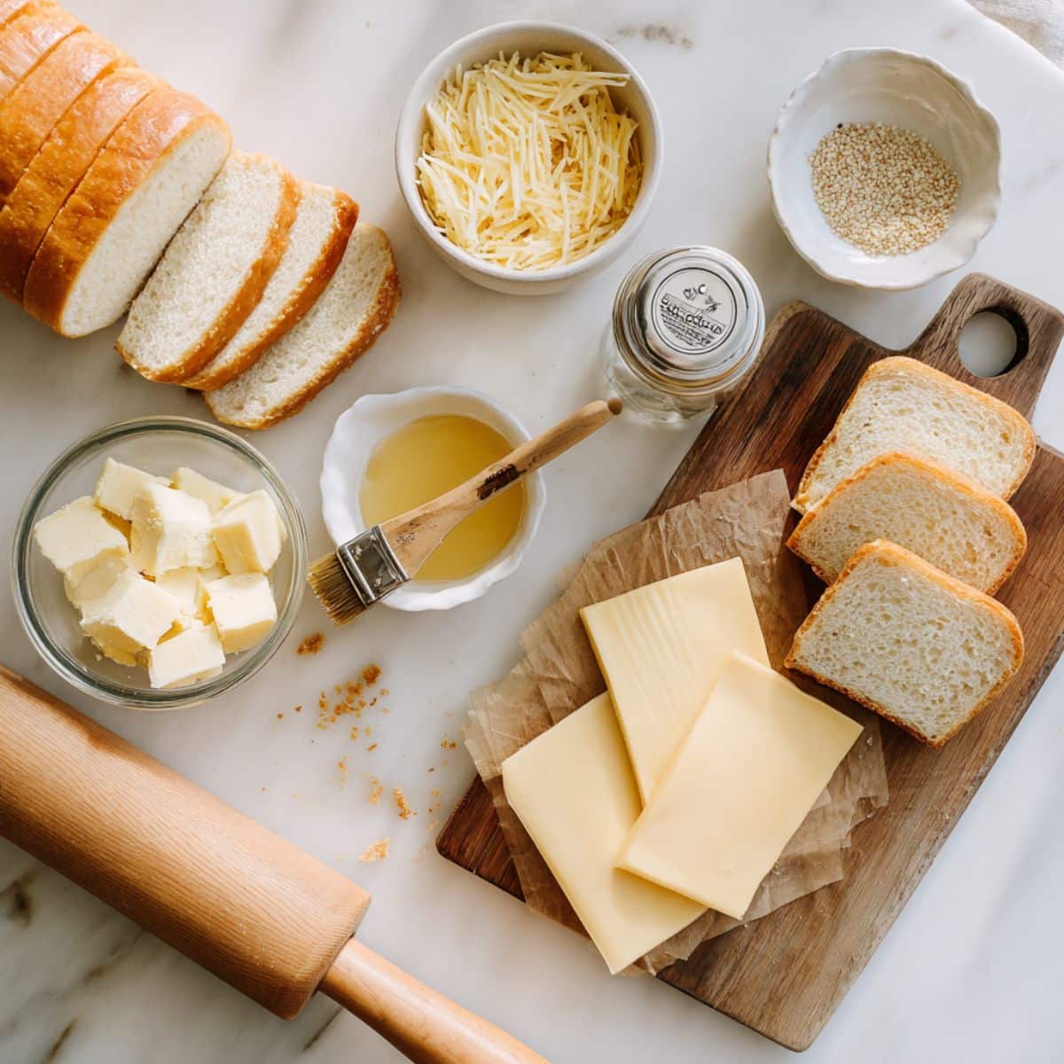 Grilled cheese roll ups ingredients including white bread slices, American cheese, melted butter and rolling pin on kitchen counter.