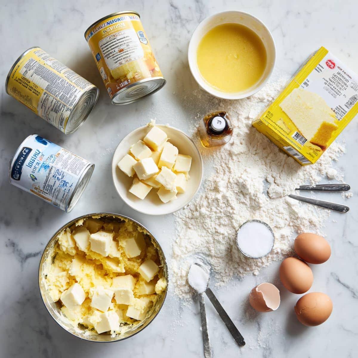 Lemon pie filling, cream cheese, cake mix, and butter ingredients for dump cake spread on kitchen counter with prep mess.