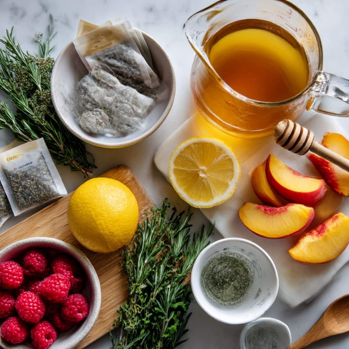 Raspberry iced tea ingredients including black tea bags, fresh raspberries, peach slices, honey and herbs on kitchen counter.
