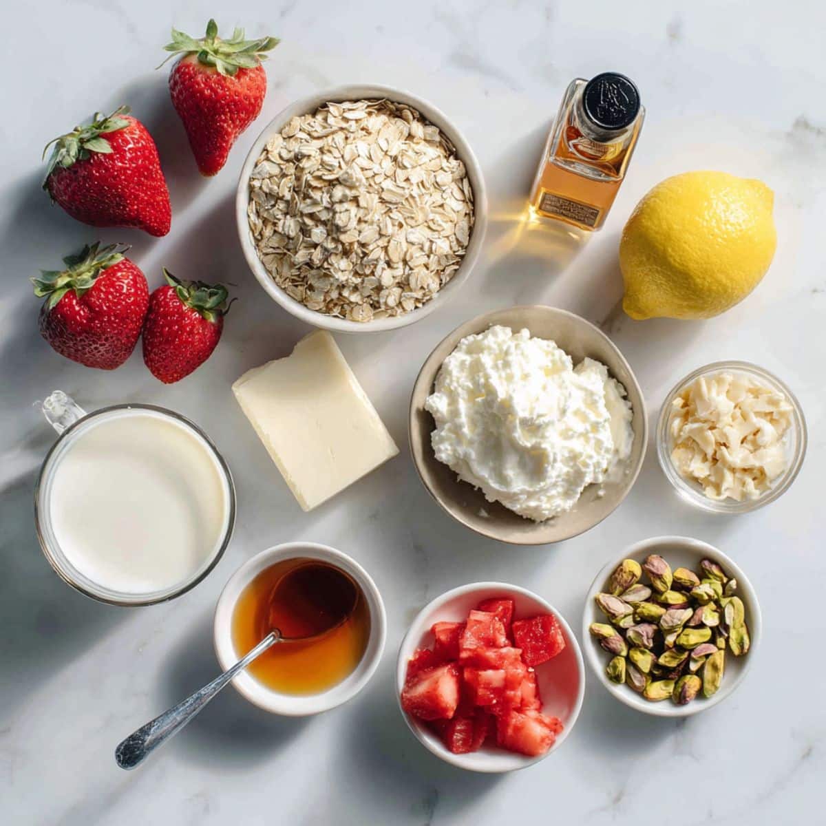 Overhead view of rolled oats, cream cheese, yogurt, strawberries, nuts, and other ingredients for strawberry cheesecake overnight oats.
