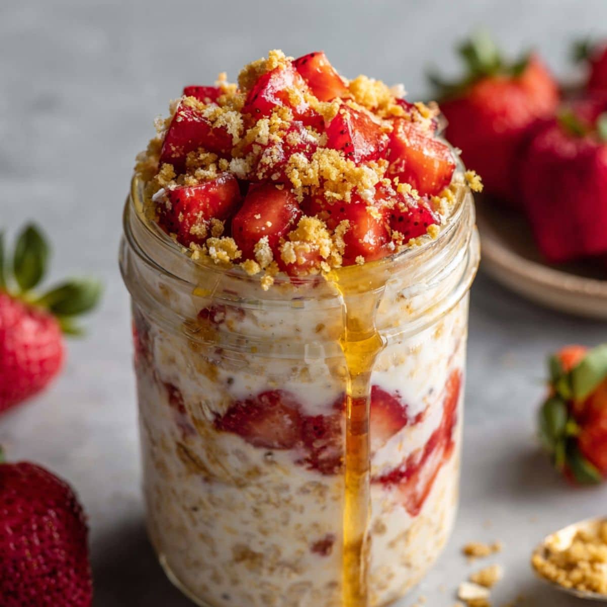 Mason jar of strawberry shortcake overnight oats topped with fresh strawberries, graham crumbs, and honey drizzle on a light kitchen counter.