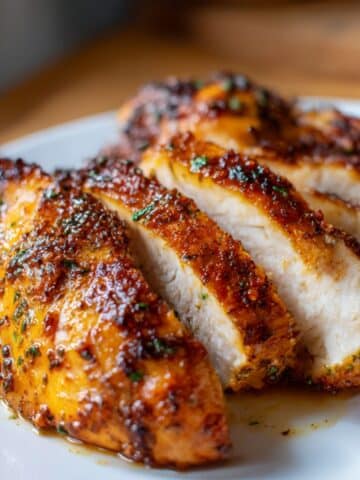 Juicy air fryer chicken breast sliced to reveal tender, moist interior, coated in a golden-brown, crispy spice rub with rich seasoning and herbs on a white plate.