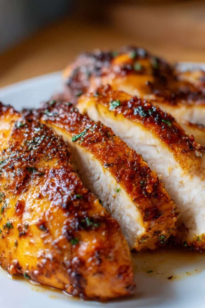 Juicy air fryer chicken breast sliced to reveal tender, moist interior, coated in a golden-brown, crispy spice rub with rich seasoning and herbs on a white plate.