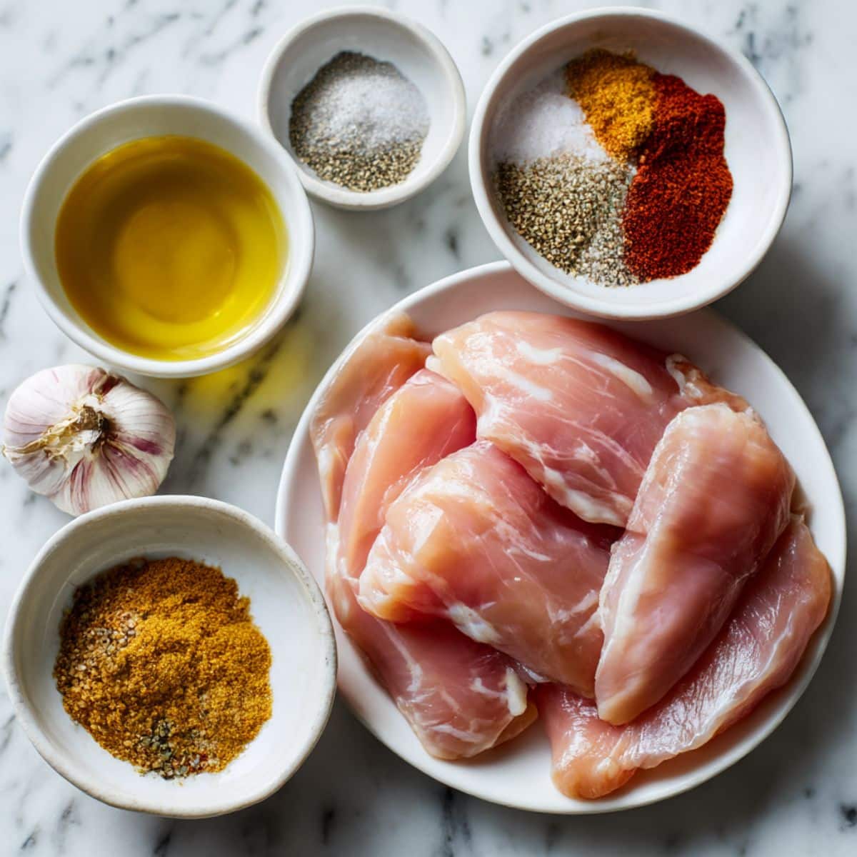 Overhead view of chicken breasts with olive oil and seasonings on a white counter. Simple homemade prep for juicy air fryer chicken breast recipe.
