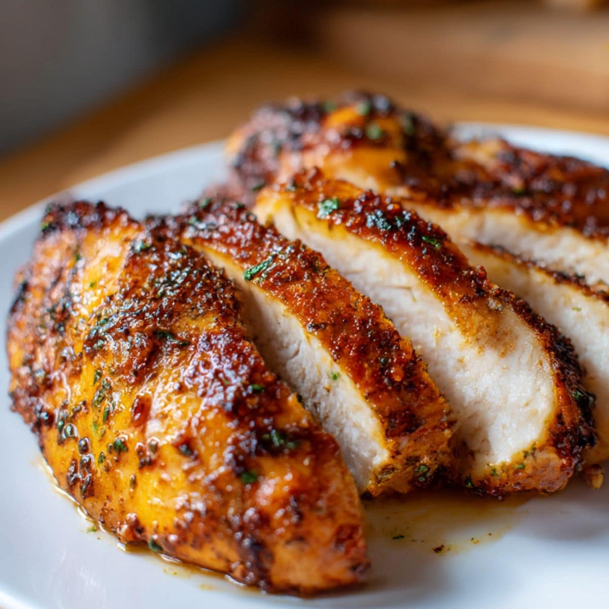 Juicy air fryer chicken breast sliced to reveal tender, moist interior, coated in a golden-brown, crispy spice rub with rich seasoning and herbs on a white plate.
