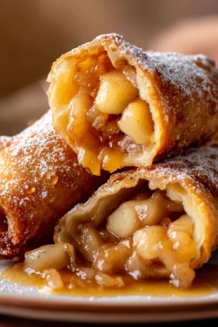 Golden brown apple pie egg rolls filled with warm cinnamon-spiced apple chunks, drizzled with glossy caramel sauce and dusted with powdered sugar for a crispy, gooey, and mouthwatering dessert.