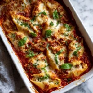 Golden bubbly stuffed shells with melted mozzarella and marinara sauce in baking dish on kitchen counter Homemade baked pasta shells filled with ricotta and meat topped with cheese perfect for Italian dinner