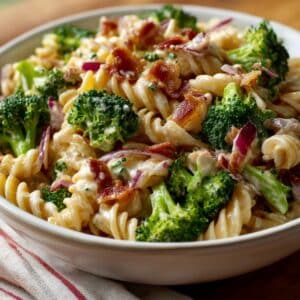 Creamy broccoli pasta salad with rotini noodles, fresh broccoli florets, crispy bacon, and red onion, served in a white bowl. The vibrant colors and creamy texture make it a refreshing and mouthwatering side dish