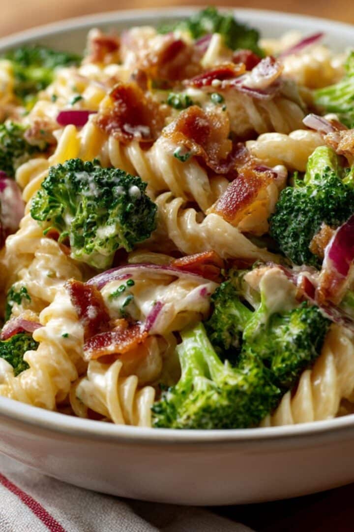 Creamy broccoli pasta salad with rotini noodles, fresh broccoli florets, crispy bacon, and red onion, served in a white bowl. The vibrant colors and creamy texture make it a refreshing and mouthwatering side dish
