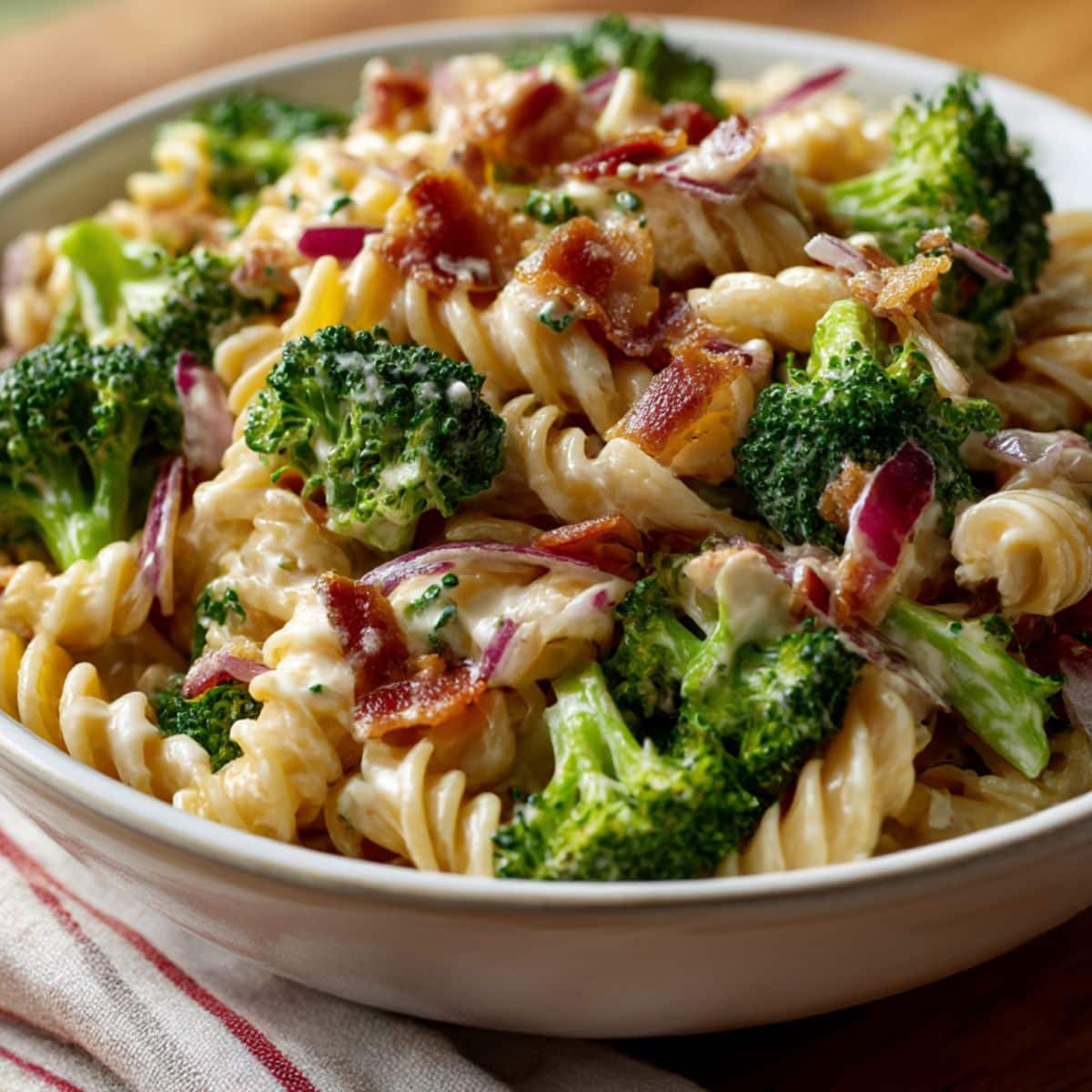 Creamy broccoli pasta salad with rotini noodles, fresh broccoli florets, crispy bacon, and red onion, served in a white bowl. The vibrant colors and creamy texture make it a refreshing and mouthwatering side dish