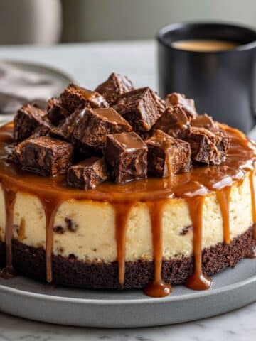 Homemade caramel brownie cheesecake with three distinct layers: fudgy brownie crust, creamy vanilla cheesecake, and thick glossy caramel topping dripping down the sides, topped with ganache-covered brownie chunks on a gray ceramic plate.