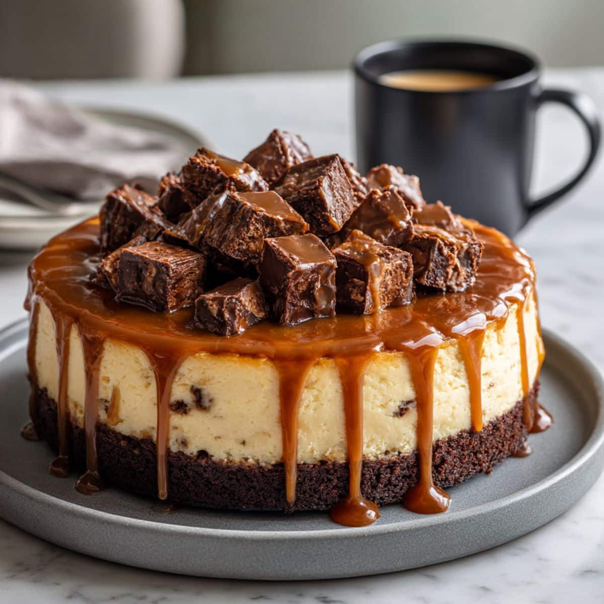 Homemade caramel brownie cheesecake with three distinct layers: fudgy brownie crust, creamy vanilla cheesecake, and thick glossy caramel topping dripping down the sides, topped with ganache-covered brownie chunks on a gray ceramic plate.