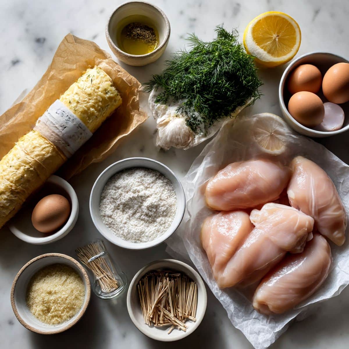 Overhead view of chicken breasts, herb butter, breadcrumbs, and seasonings on a white counter. Simple homemade prep for classic chicken Kiev.