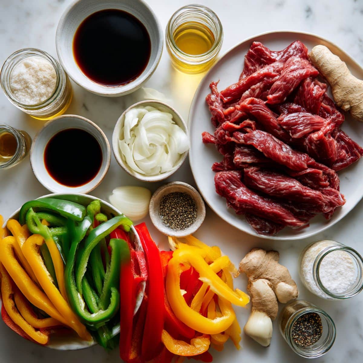 Overhead shot of fresh Chinese pepper steak ingredients on a white kitchen counter, including sliced flank steak, colorful bell peppers, onions, garlic, ginger, and sauces arranged neatly for a homemade stir fry.