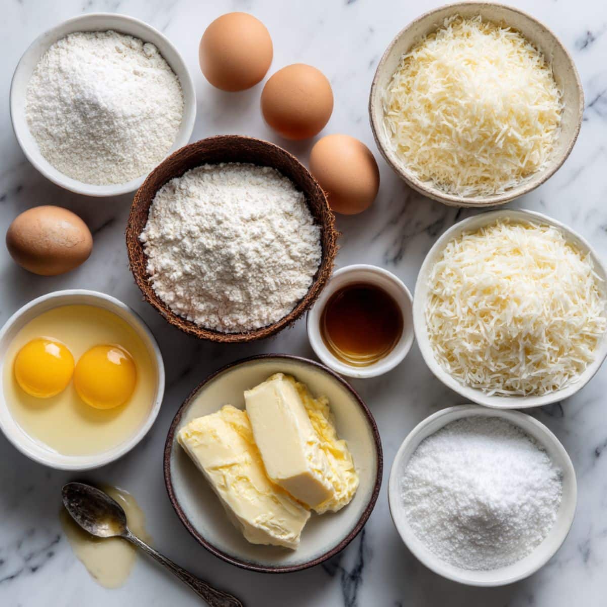 All ingredients for homemade coconut cloud cake laid out naturally on a white kitchen counter. Realistic prep scene with tropical baking essentials.