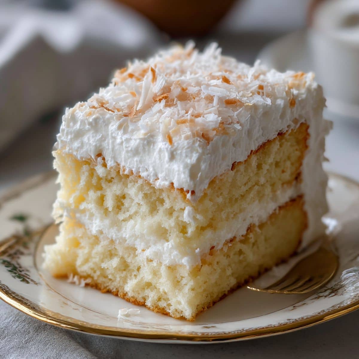 Slice of coconut cloud cake with fluffy whipped frosting and shredded coconut on a vintage plate. Real homemade texture with golden crumb and creamy layers.