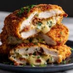 crispy golden Chicken Kiev cut in half, revealing a gooey, melted cheese and herb filling with bits of bacon. The breaded crust is perfectly browned and flecked with parsley, with cheese oozing onto a dark plate for an ultra-juicy, mouthwatering finish.