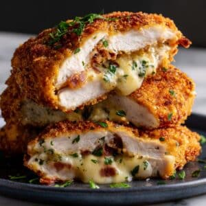 crispy golden Chicken Kiev cut in half, revealing a gooey, melted cheese and herb filling with bits of bacon. The breaded crust is perfectly browned and flecked with parsley, with cheese oozing onto a dark plate for an ultra-juicy, mouthwatering finish.