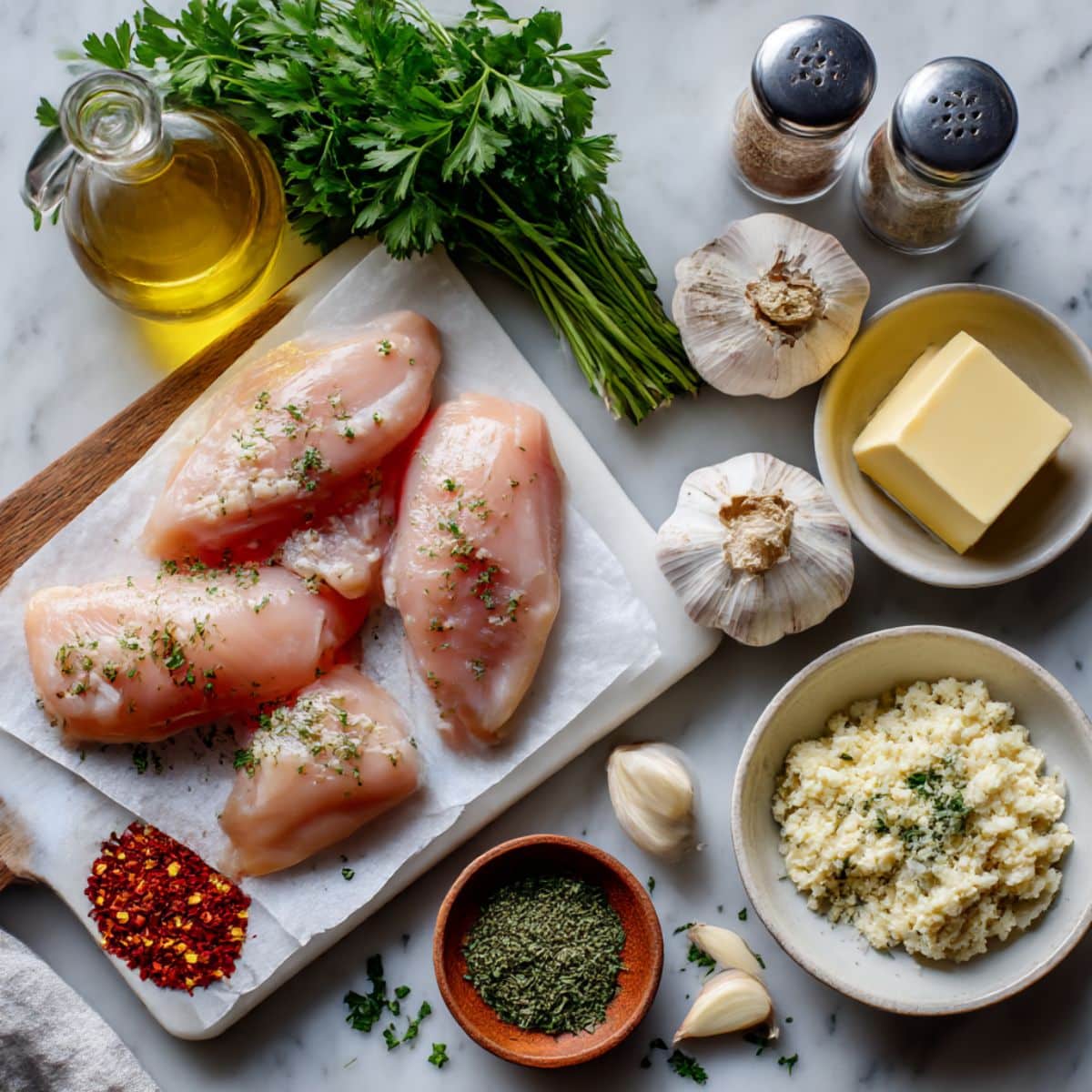 Ingredients for garlic butter chicken bites including chicken breast, fresh garlic, and herbs.