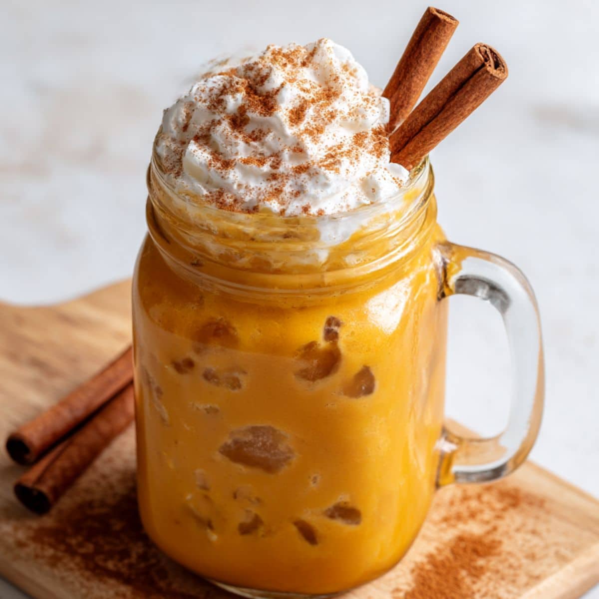 Iced pumpkin spice latte served in a mason jar, topped with whipped cream and cinnamon sticks, with rich golden tones and creamy foam spilling over the rim, styled on a rustic wooden board with cinnamon dust.
