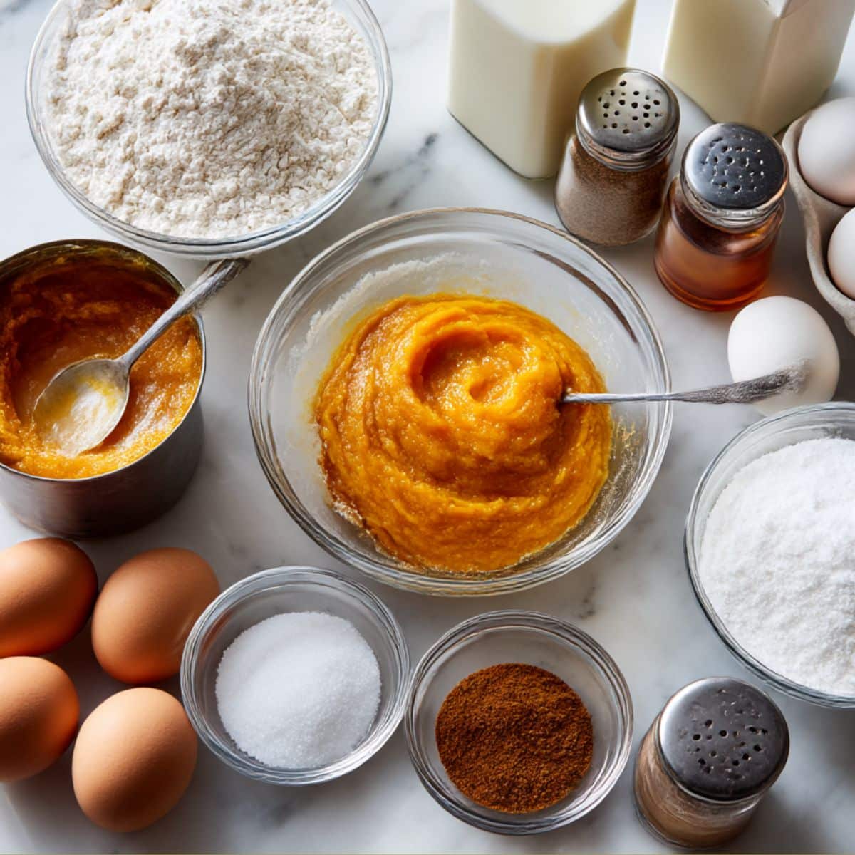 Complete ingredients for baked pumpkin donuts including pumpkin puree, spices, and glaze components Essential baking ingredients arranged on kitchen counter for homemade pumpkin spice donuts