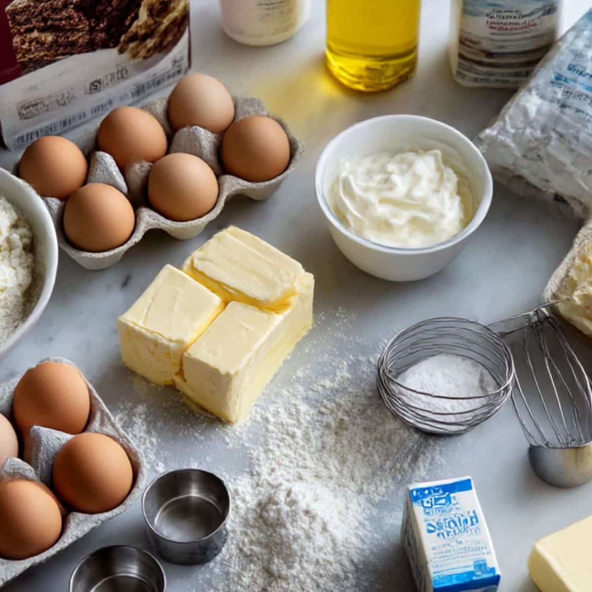 All ingredients for caramel brownie cheesecake including brownie mix, cream cheese, eggs and caramel sauce components.