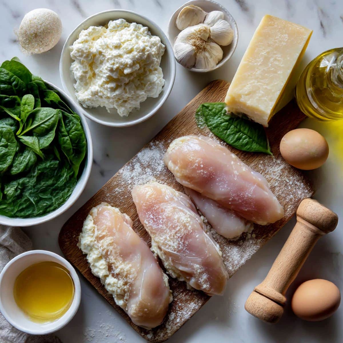 All ingredients for chicken rollatini including chicken breasts, ricotta cheese, spinach and panko breadcrumbs.