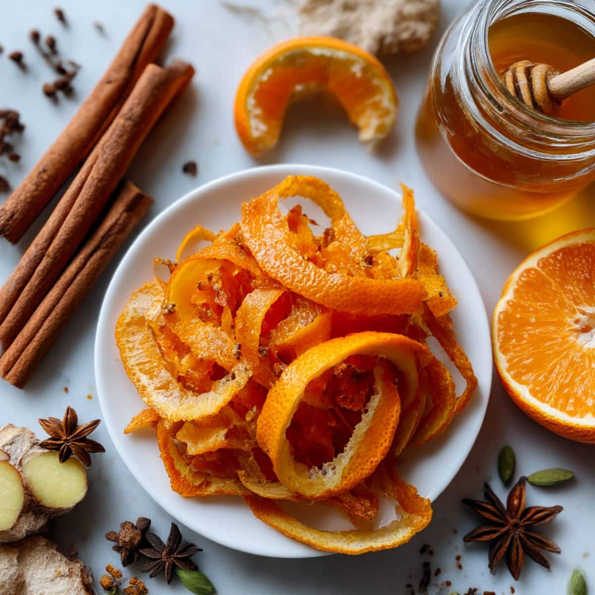 Flat lay of large orange peels, cinnamon sticks, ginger, and spices on a white counter, showing ingredients for homemade orange cinnamon tea.