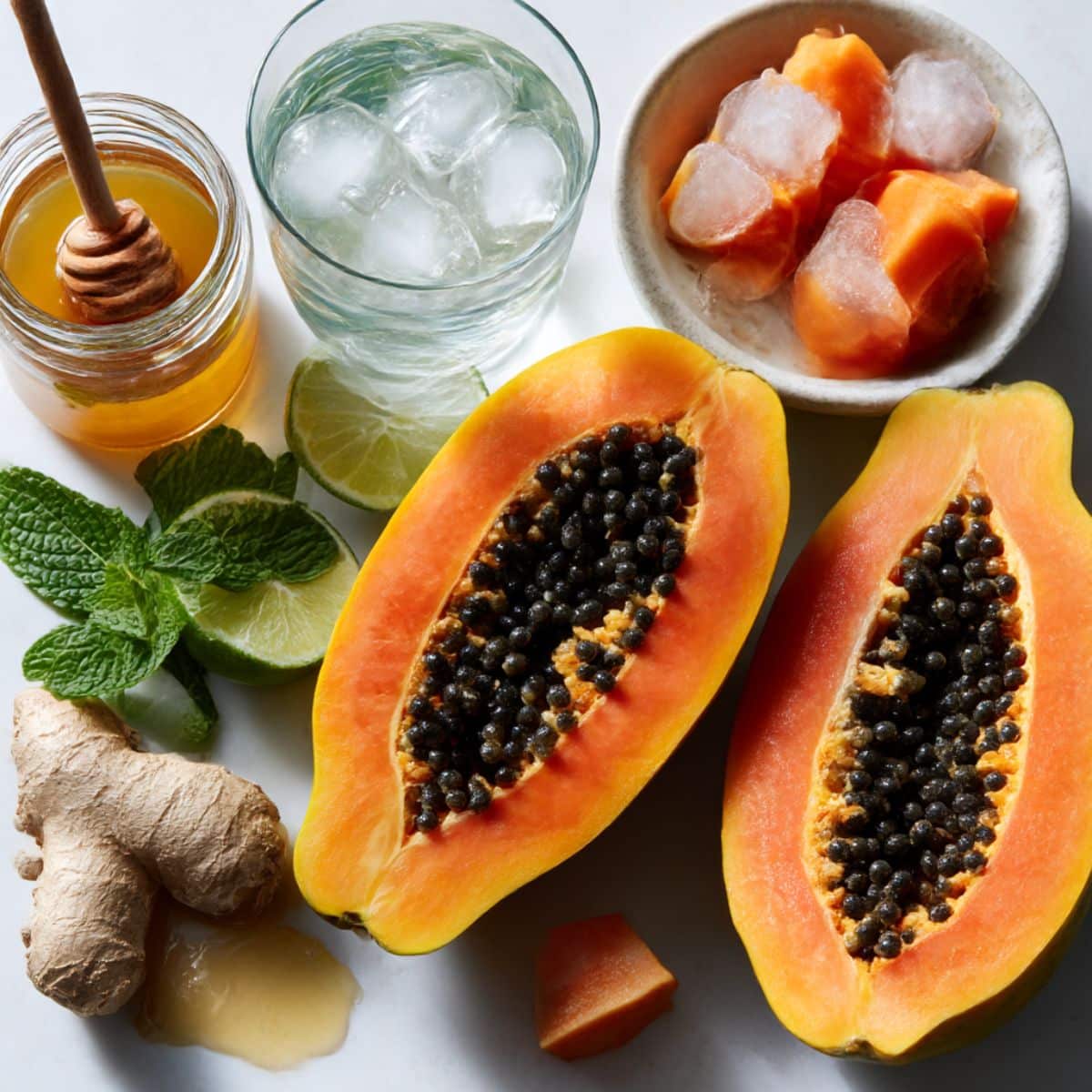 All ingredients for papaya juice including ripe papaya, lime, ginger and honey on kitchen counter.