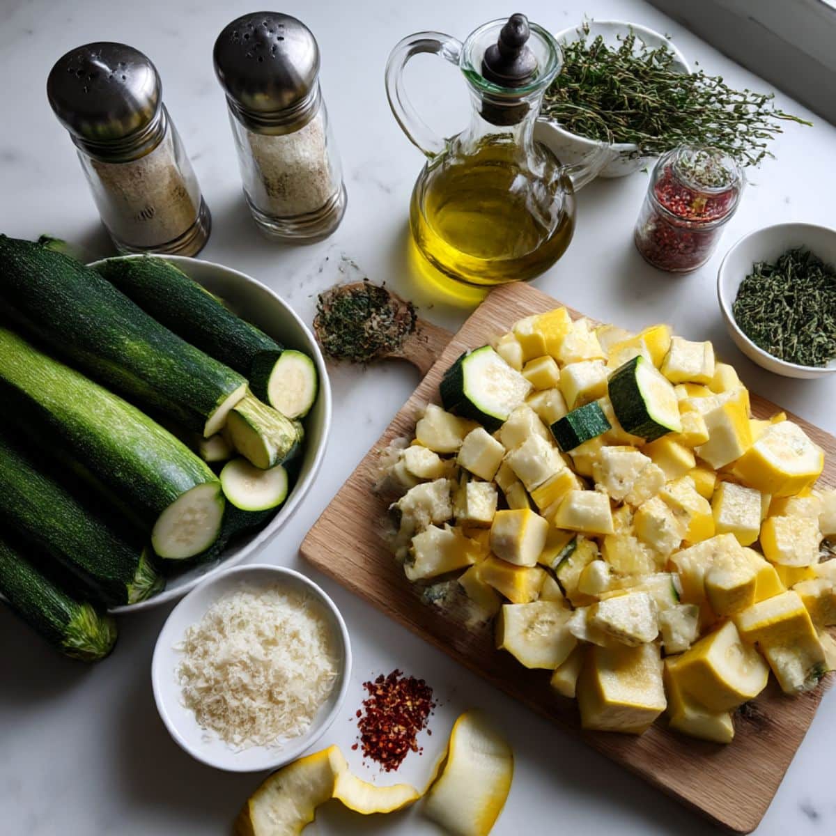 All ingredients for roasted zucchini and squash including fresh vegetables, olive oil and seasonings.